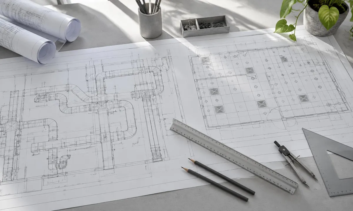 Ductwork layout drawings with drafting tools on a design desk